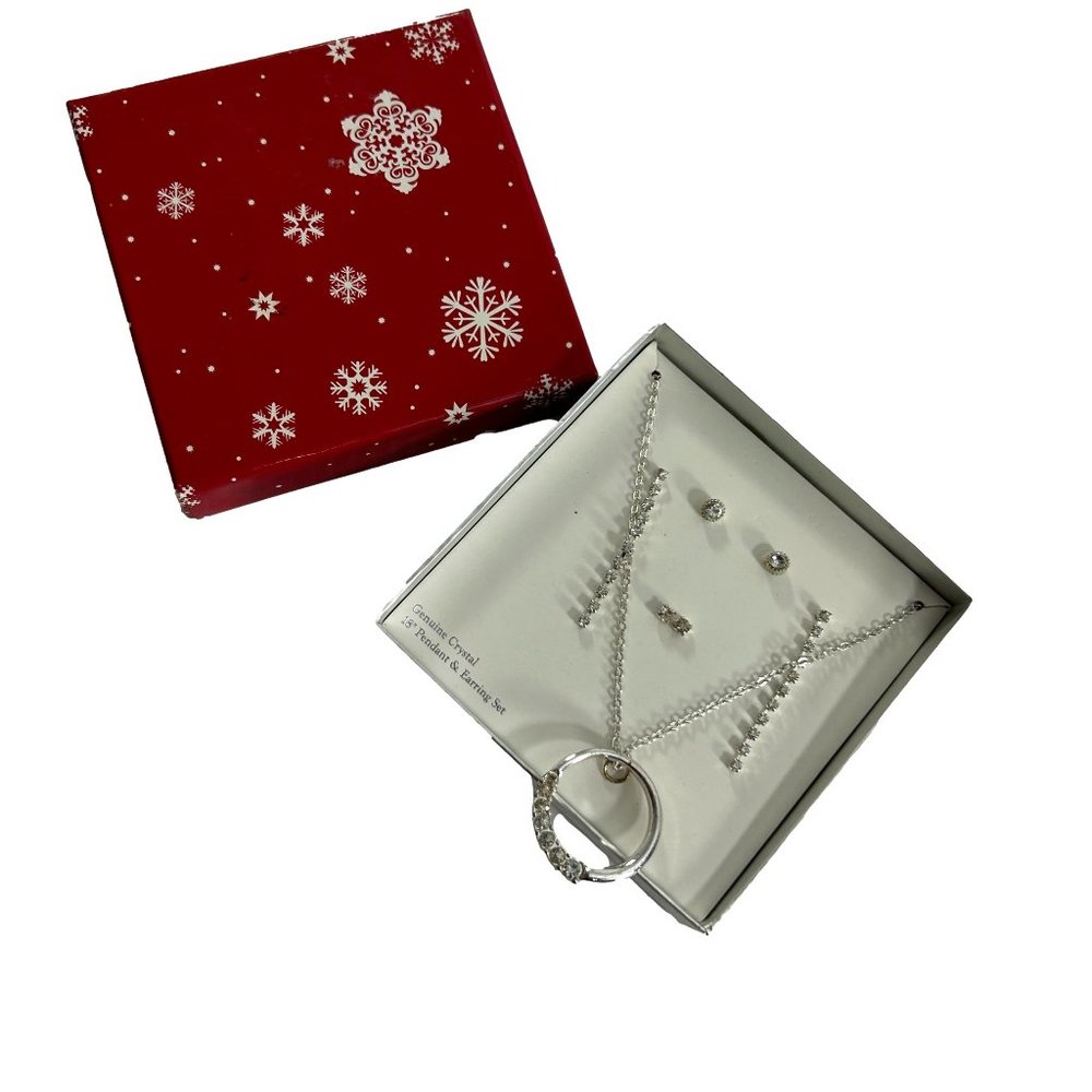 Genuine Crystal 8" Necklace Pendant 3 Earring Silver Tone Set Boxed New